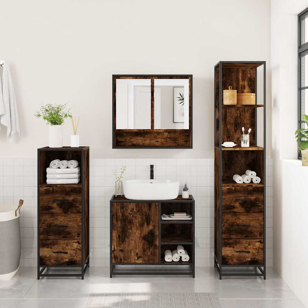 4 Piece Bathroom Furniture Set Smoked Oak Engineered Wood
