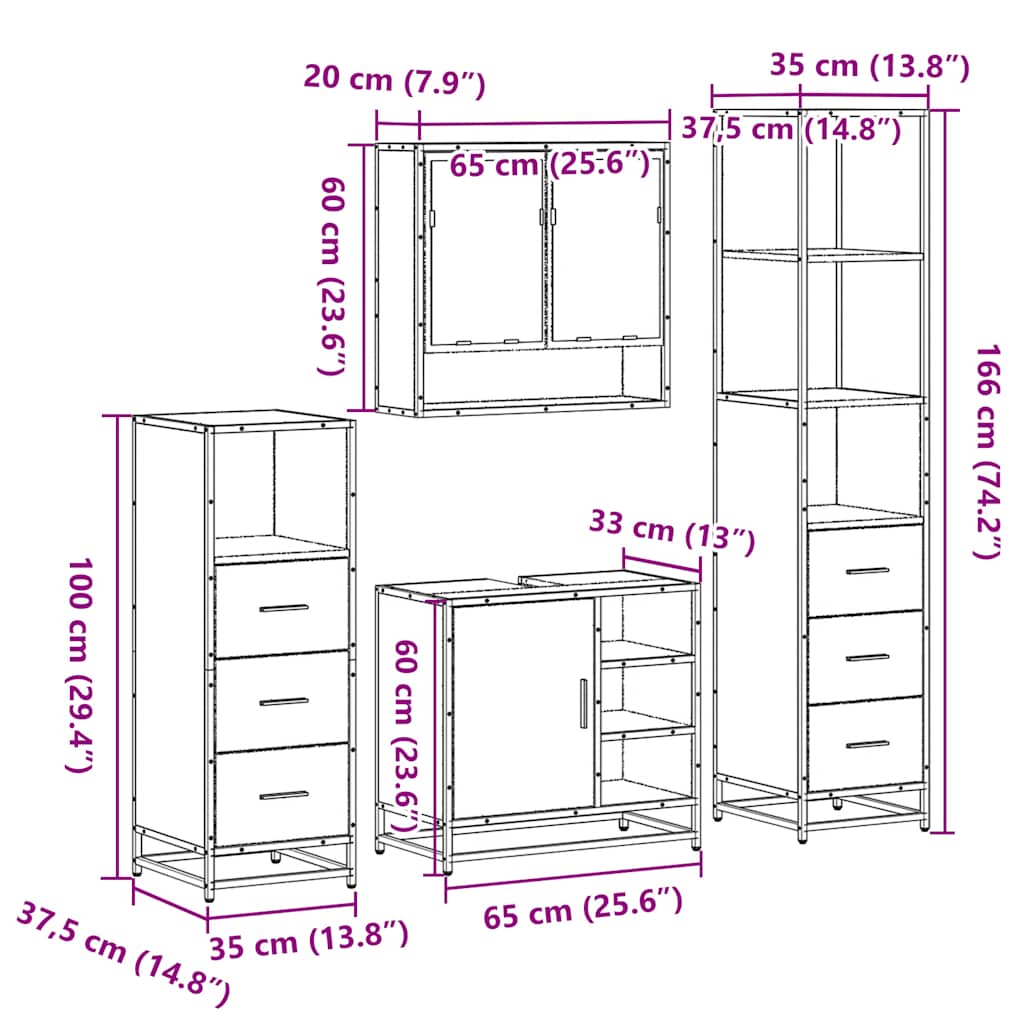 4 Piece Bathroom Furniture Set Smoked Oak Engineered Wood