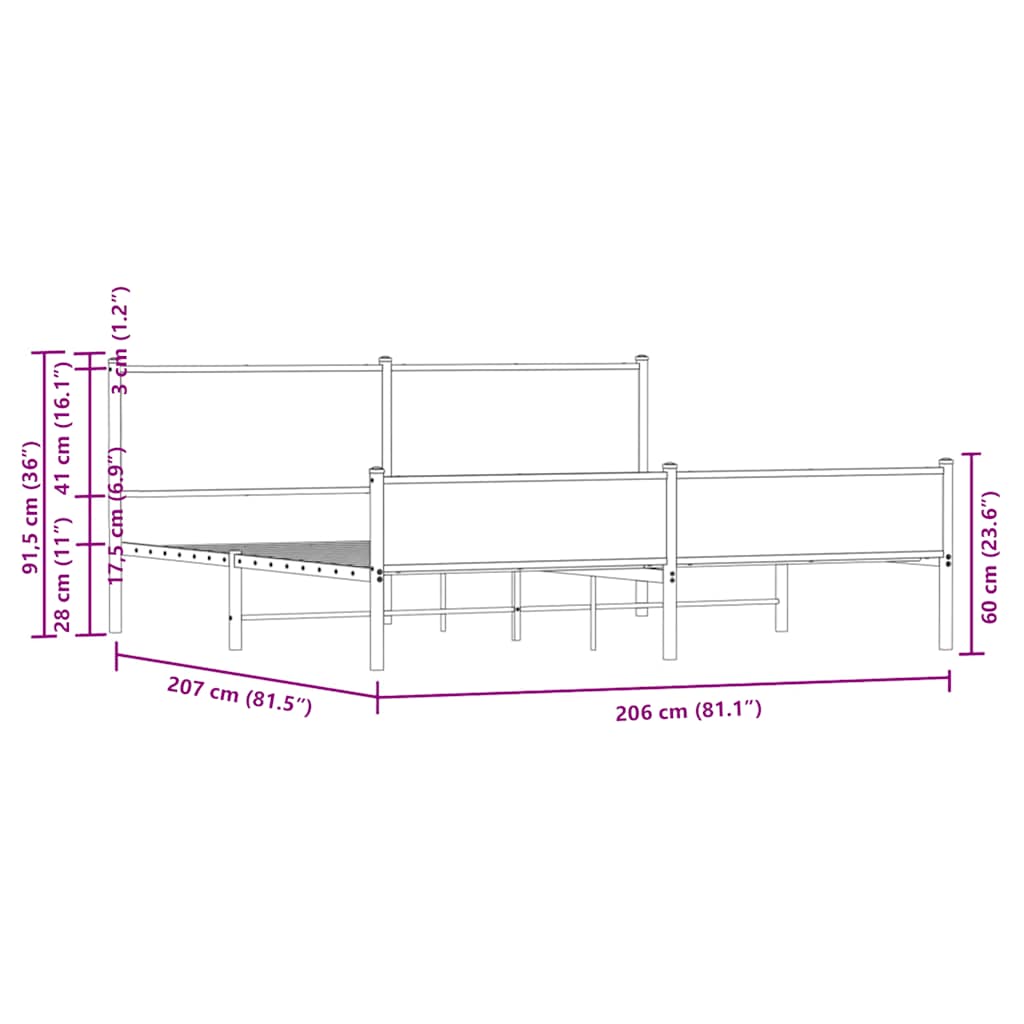 Metal Bed Frame without Mattress Brown Oak 200x200 cm