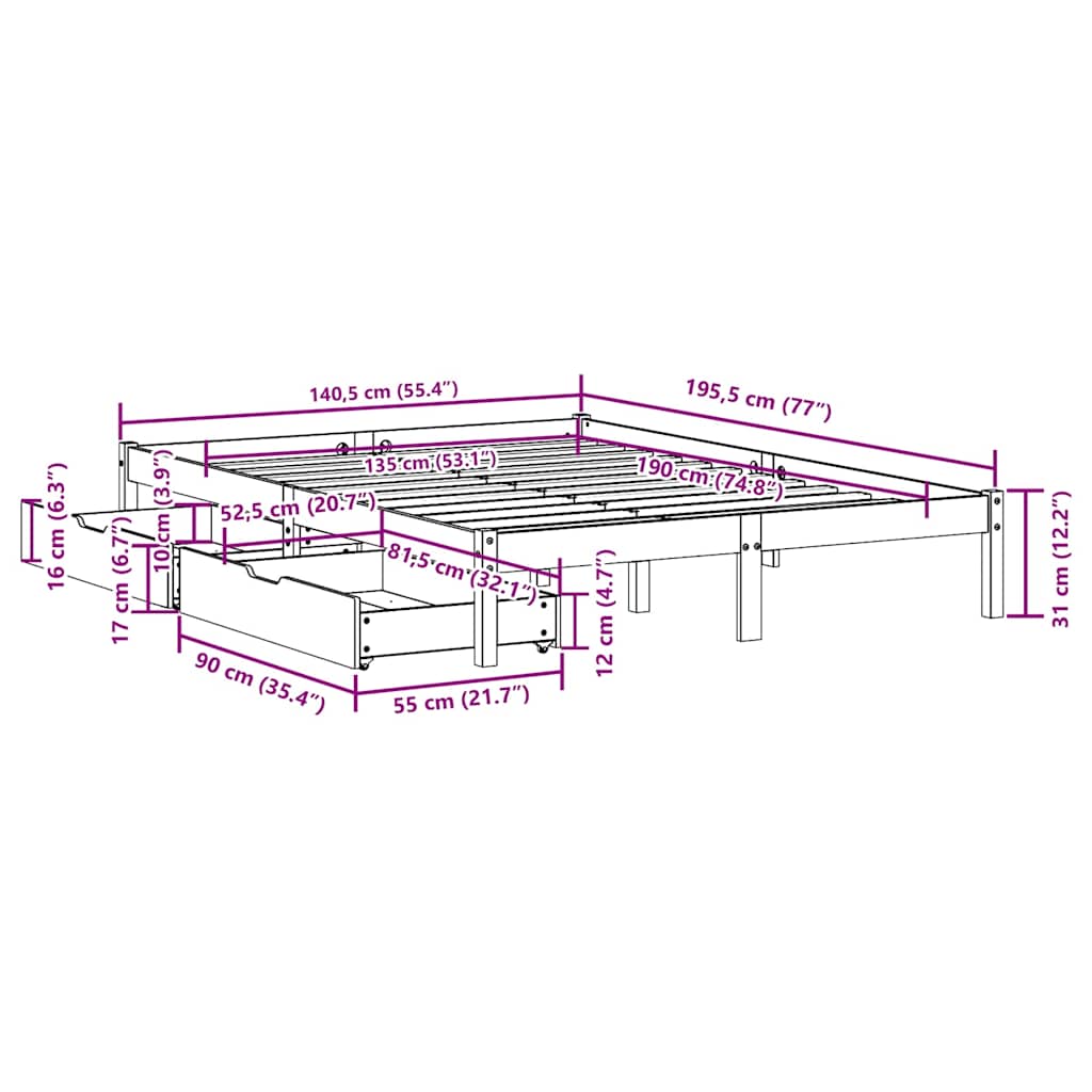 Bed Frame without Mattress White 135x190 cm Double Solid Wood Pine