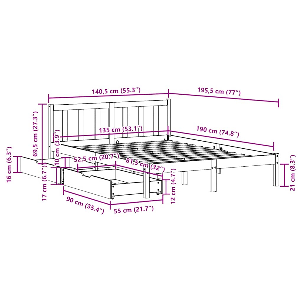 Bed Frame without Mattress White 135x190 cm Double Solid Wood Pine