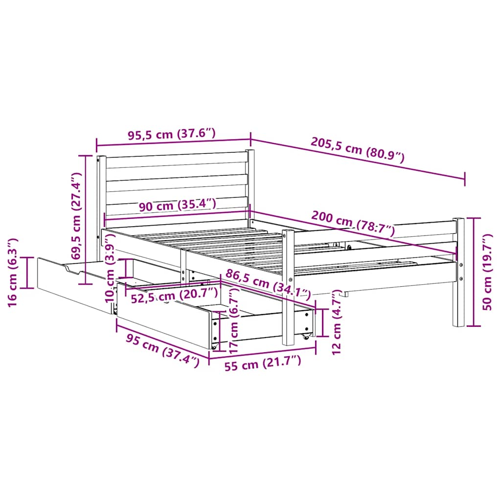 Bed Frame without Mattress 90x200 cm Solid Wood Pine