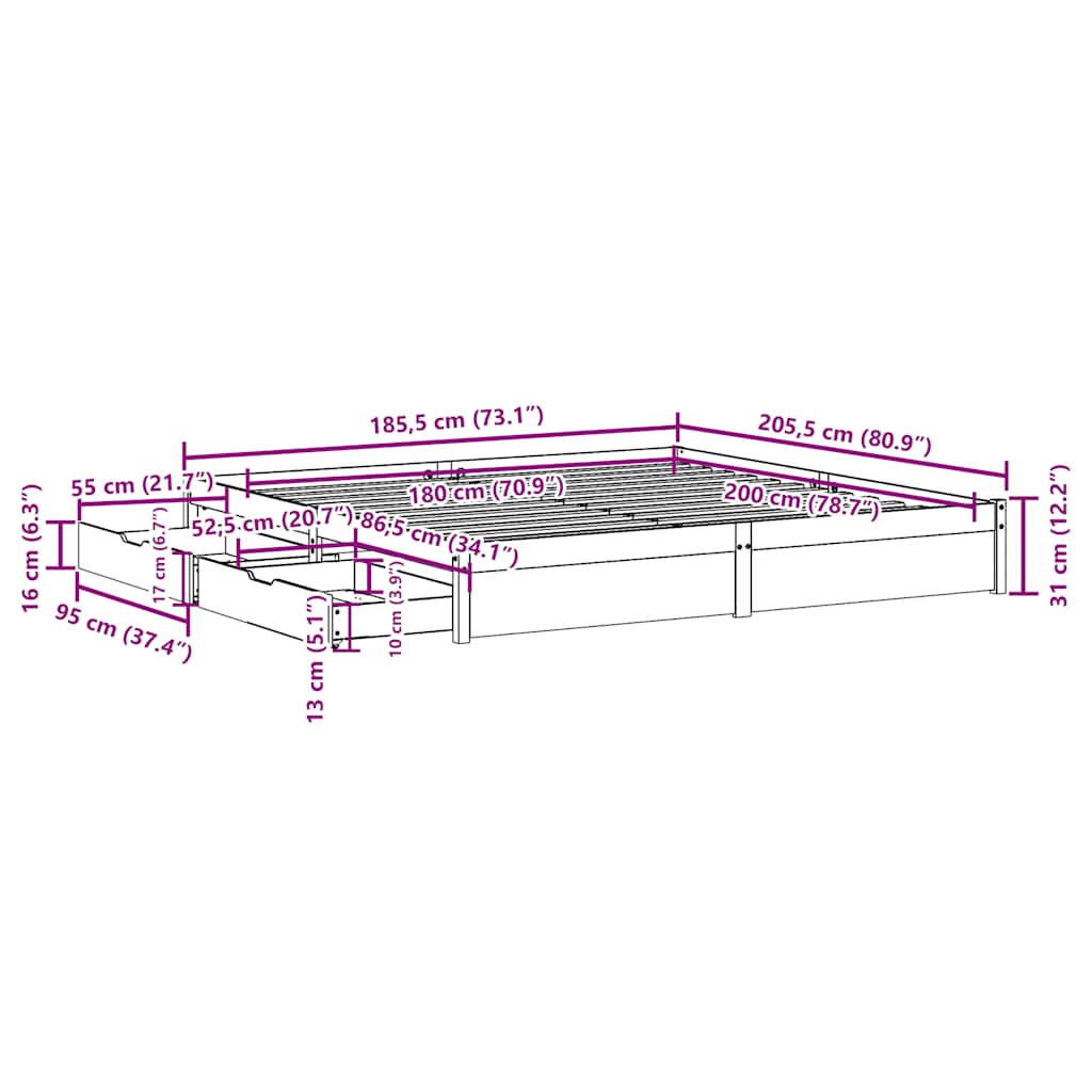 Bed Frame without Mattress White 180x200 cm Super King Solid Wood Pine