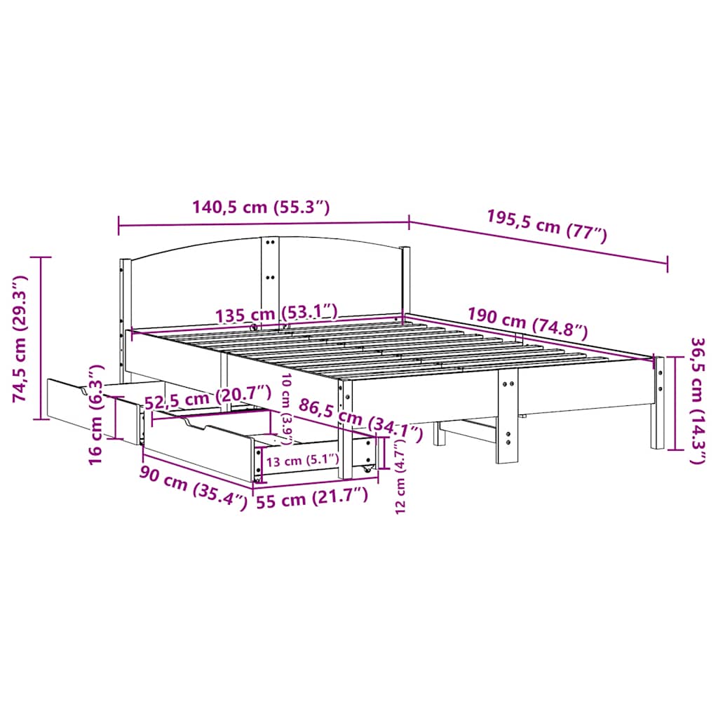 Bed Frame without Mattress White 135x190 cm Double Solid Wood Pine