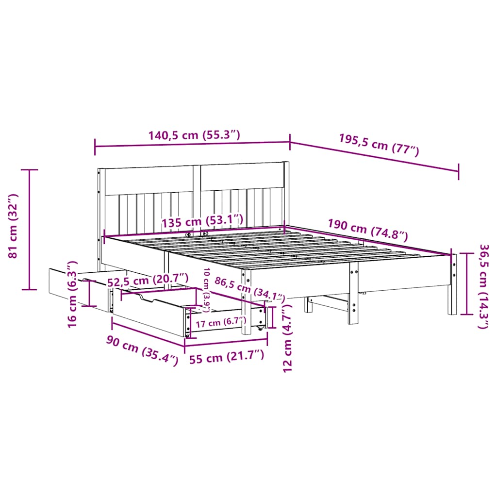 Bed Frame without Mattress White 135x190 cm Double Solid Wood Pine