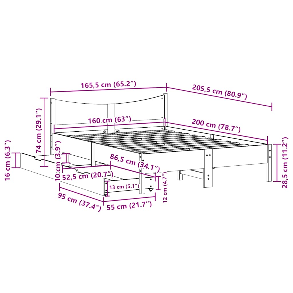 Bed Frame with Drawers 160x200 cm Solid Wood Pine