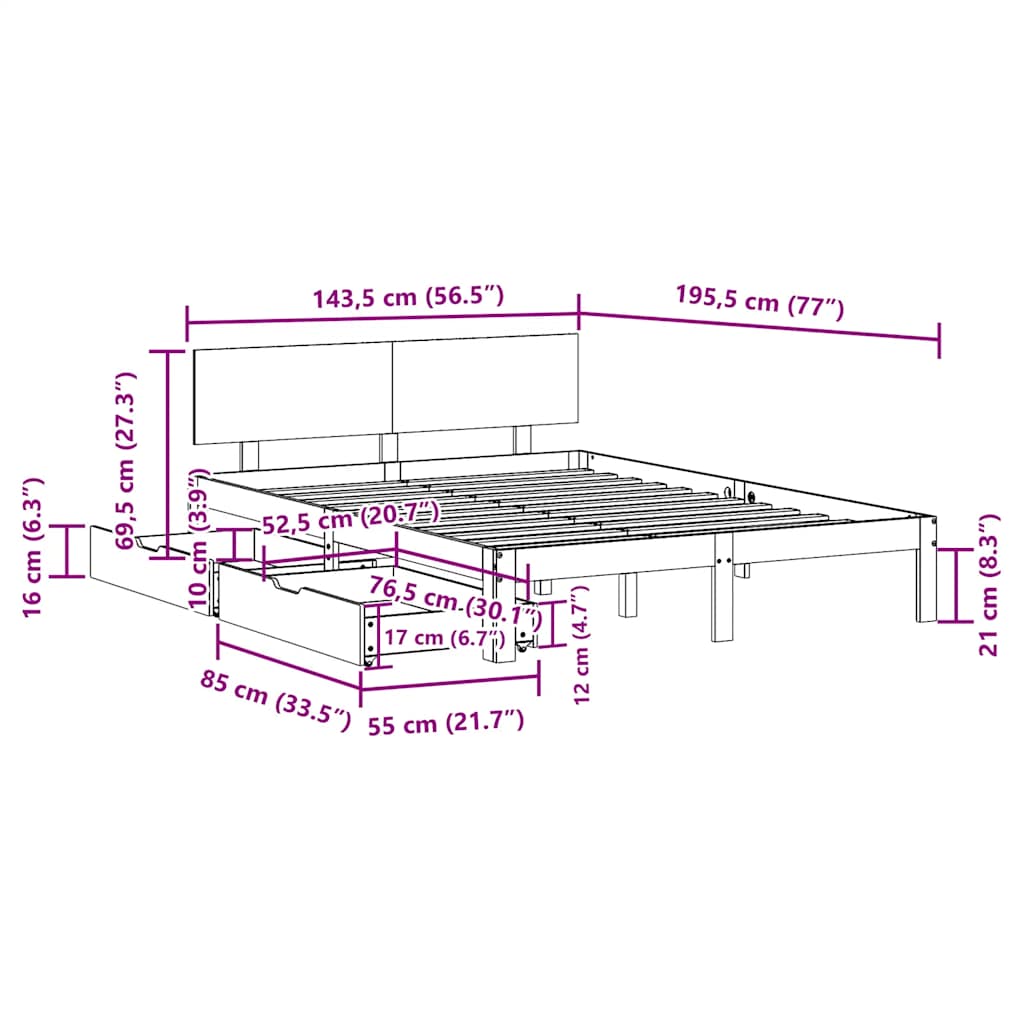 Bed Frame with Drawers without Mattress 140x190 cm