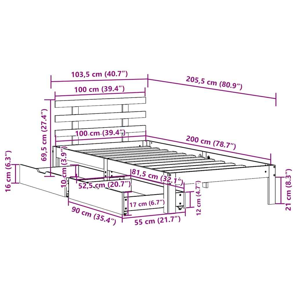 Bed Frame with Drawers without Mattress White 100x200 cm