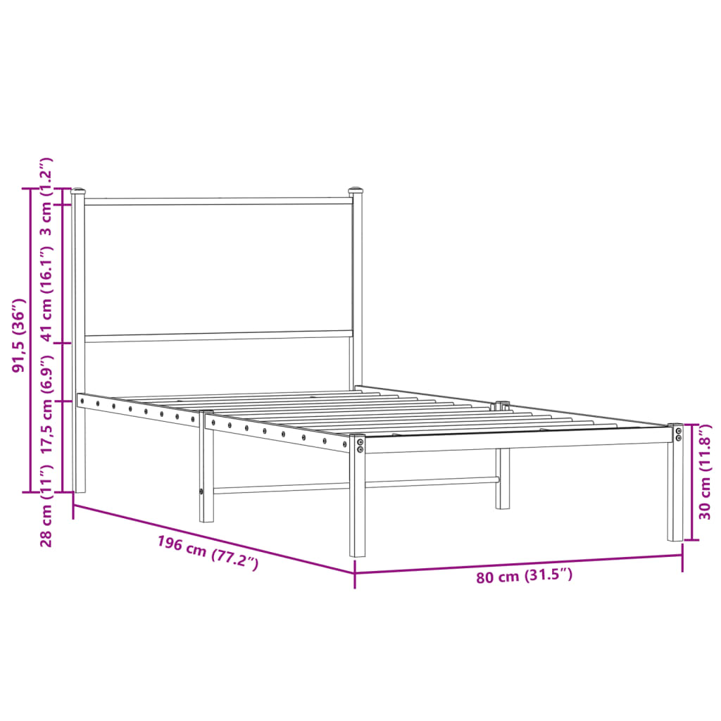 Metal Bed Frame without Mattress Smoked Oak 75x190 cm Small Single