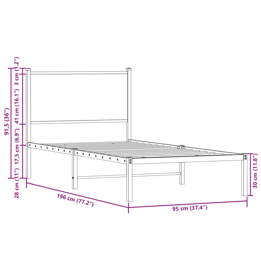Metal Bed Frame without Mattress Smoked Oak 90x190 cm Single