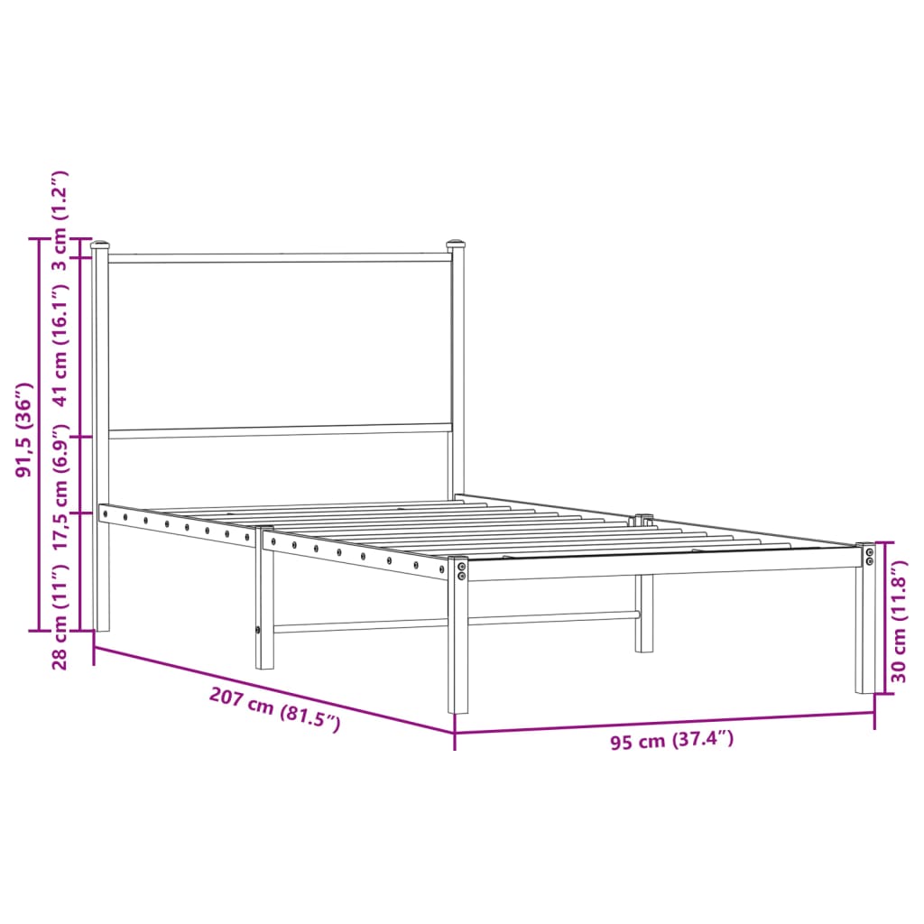 Metal Bed Frame without Mattress Smoked Oak 90x200 cm