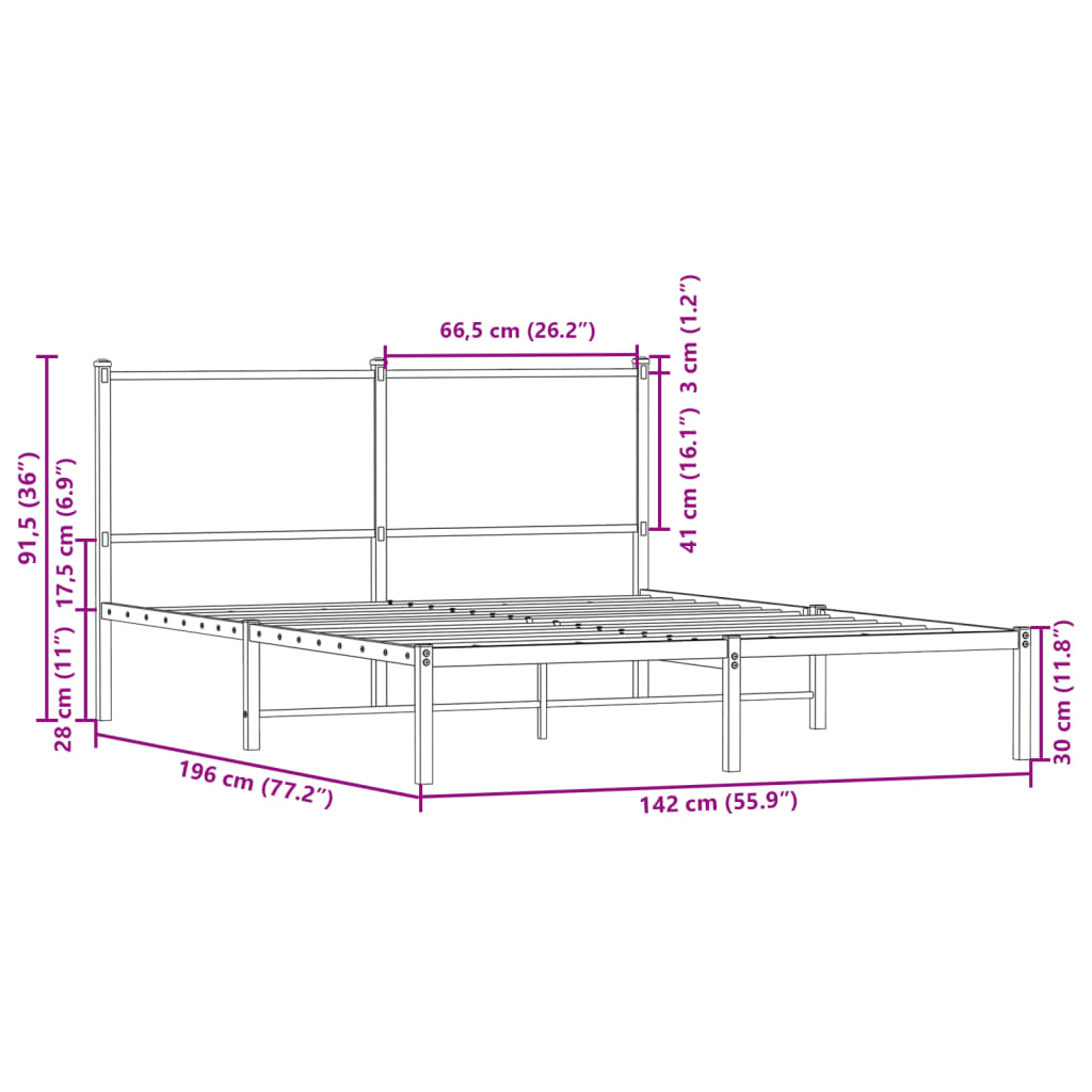 Metal Bed Frame without Mattress Smoked Oak 137x190 cm