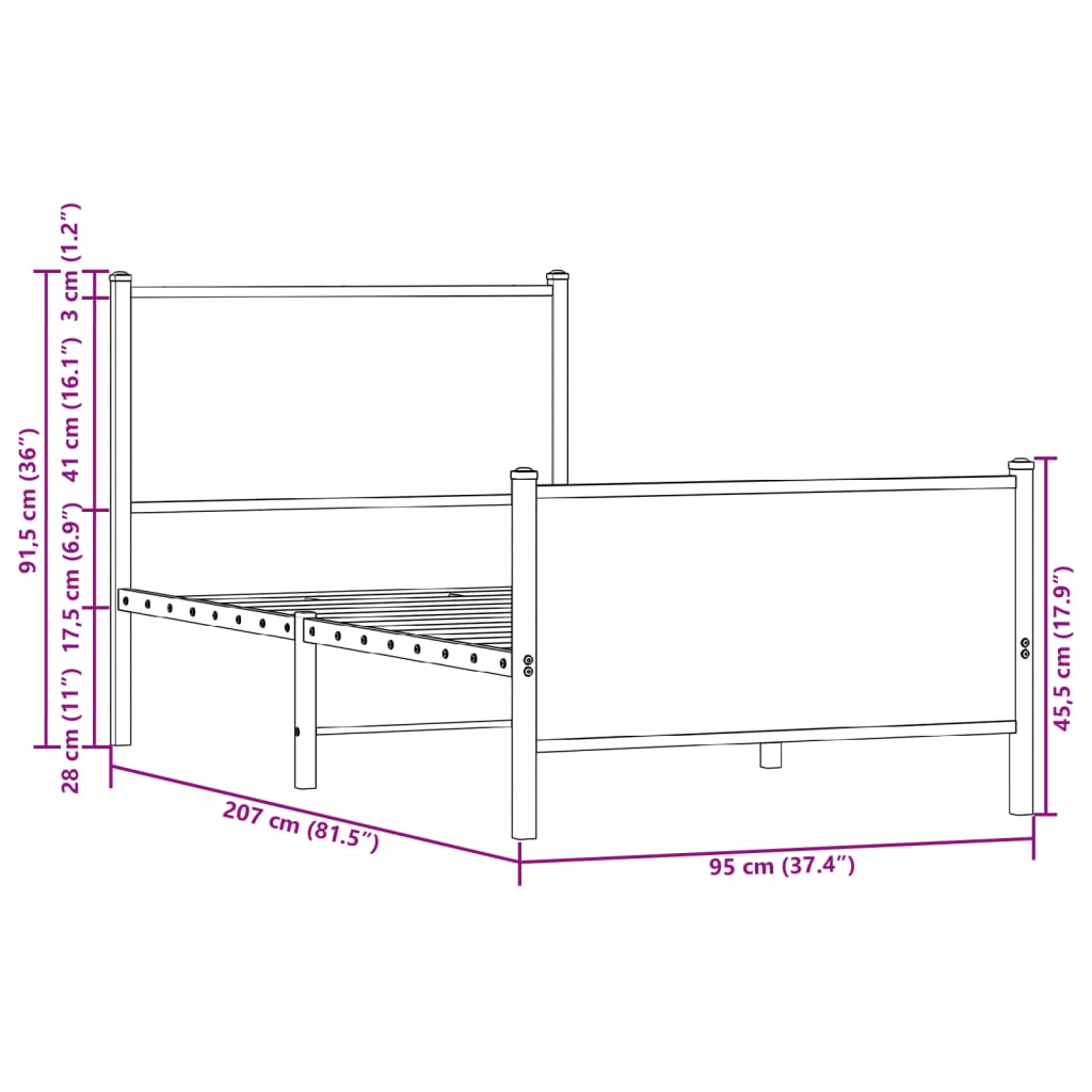 Metal Bed Frame without Mattress Smoked Oak 90x200 cm