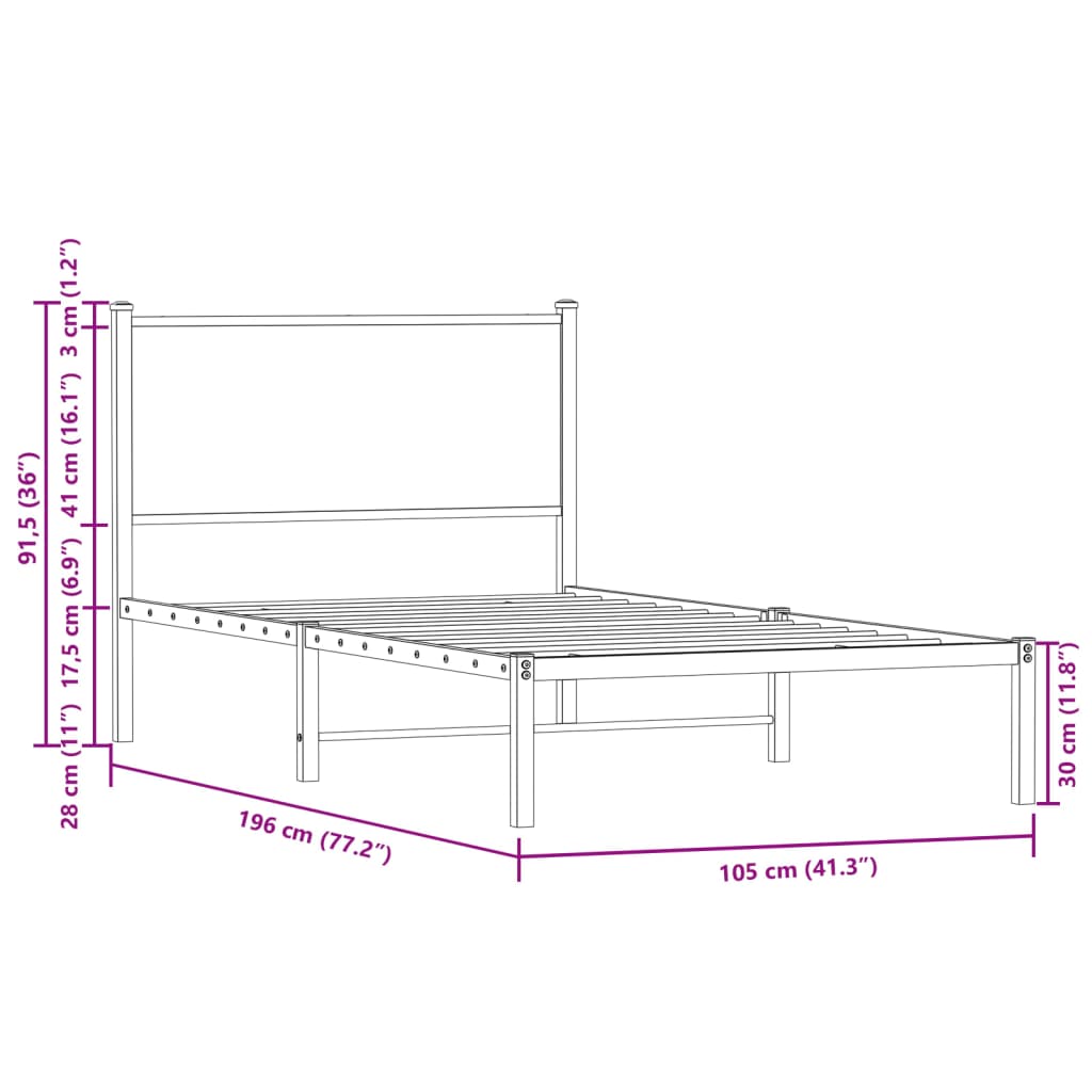 Metal Bed Frame without Mattress Sonoma Oak 100x190 cm