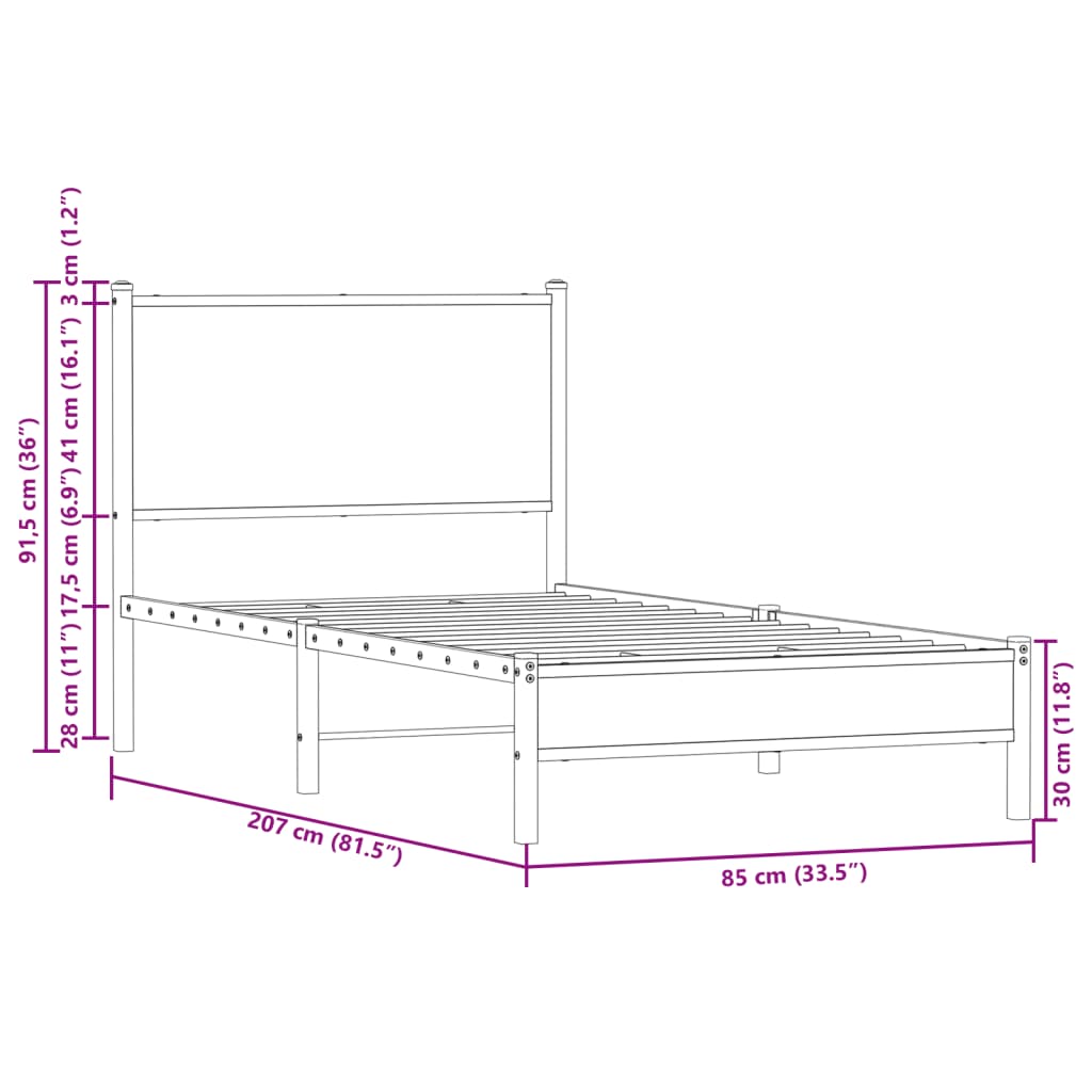 Metal Bed Frame without Mattress Smoked Oak 80x200 cm