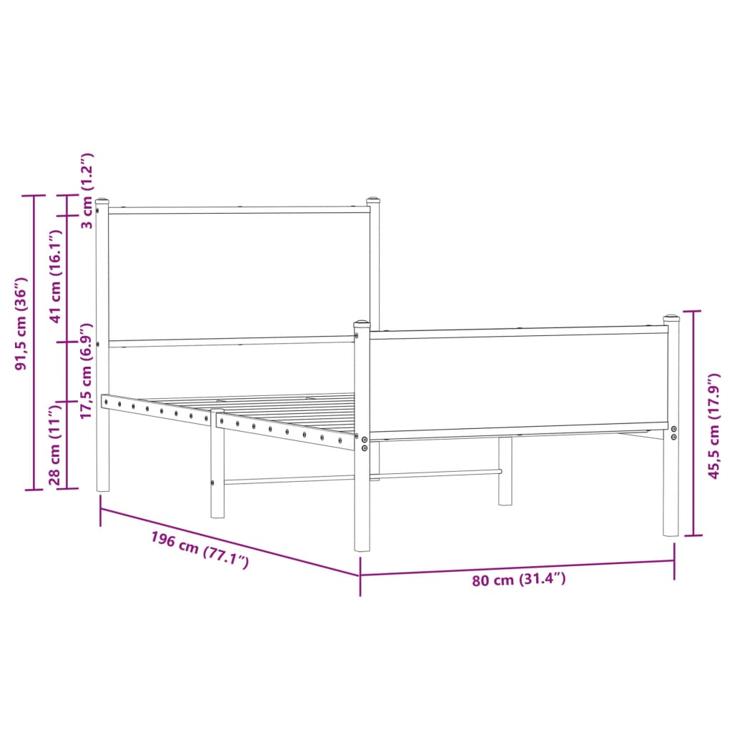 Metal Bed Frame without Mattress Smoked Oak 75x190 cm Small Single