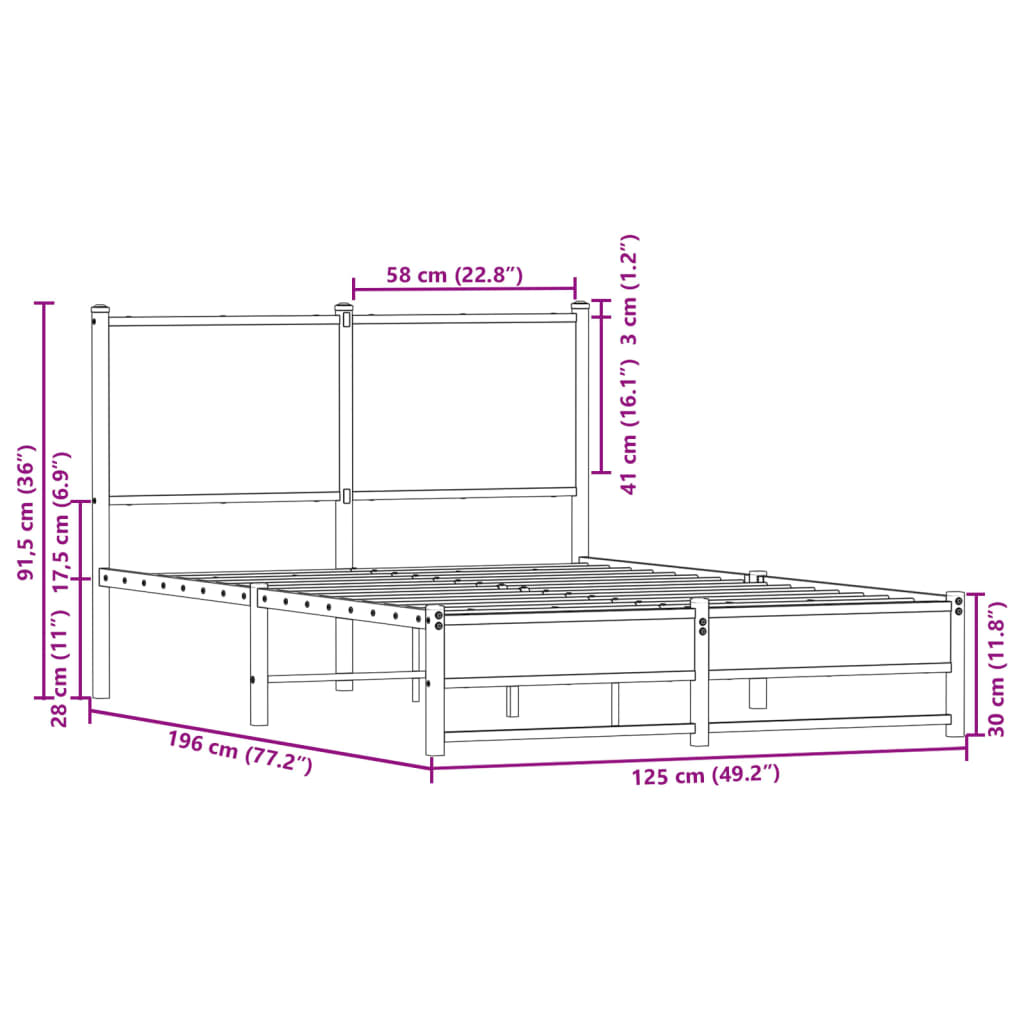 Metal Bed Frame without Mattress Sonoma Oak 120x190 cm Small Double