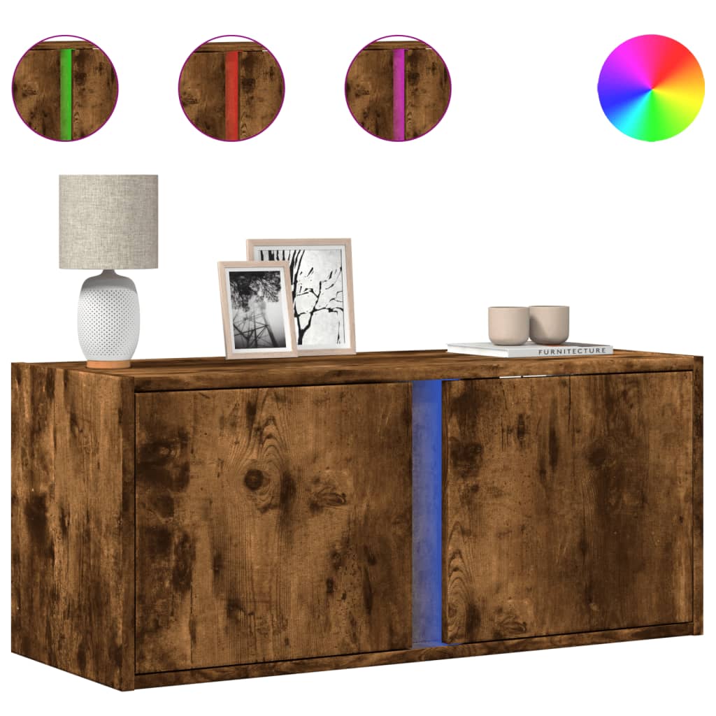 TV Wall Cabinet with LED Lights Smoked Oak 80x31x35 cm