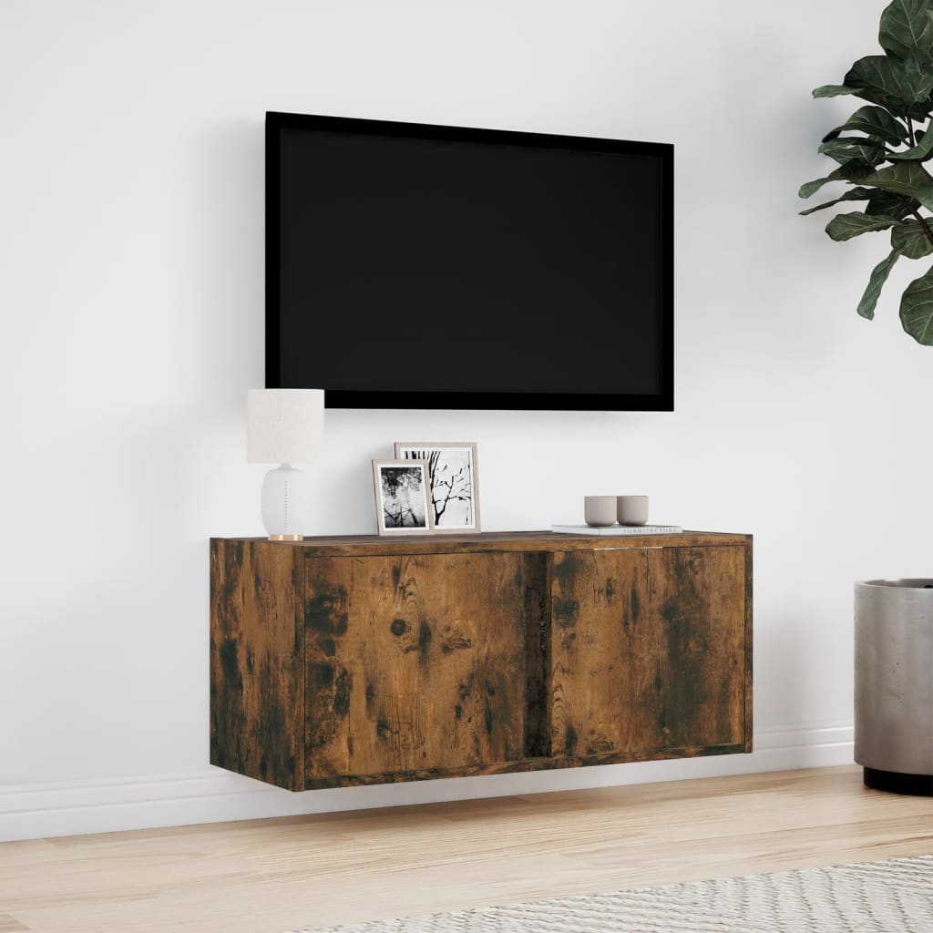 TV Wall Cabinet with LED Lights Smoked Oak 80x31x35 cm
