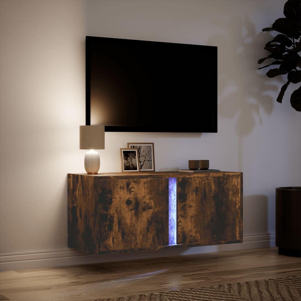 TV Wall Cabinet with LED Lights Smoked Oak 80x31x35 cm