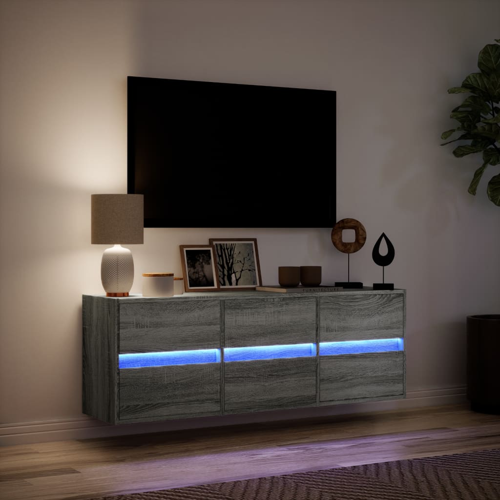 TV Wall Cabinet with LED Lights Grey Sonoma 130x31x45 cm