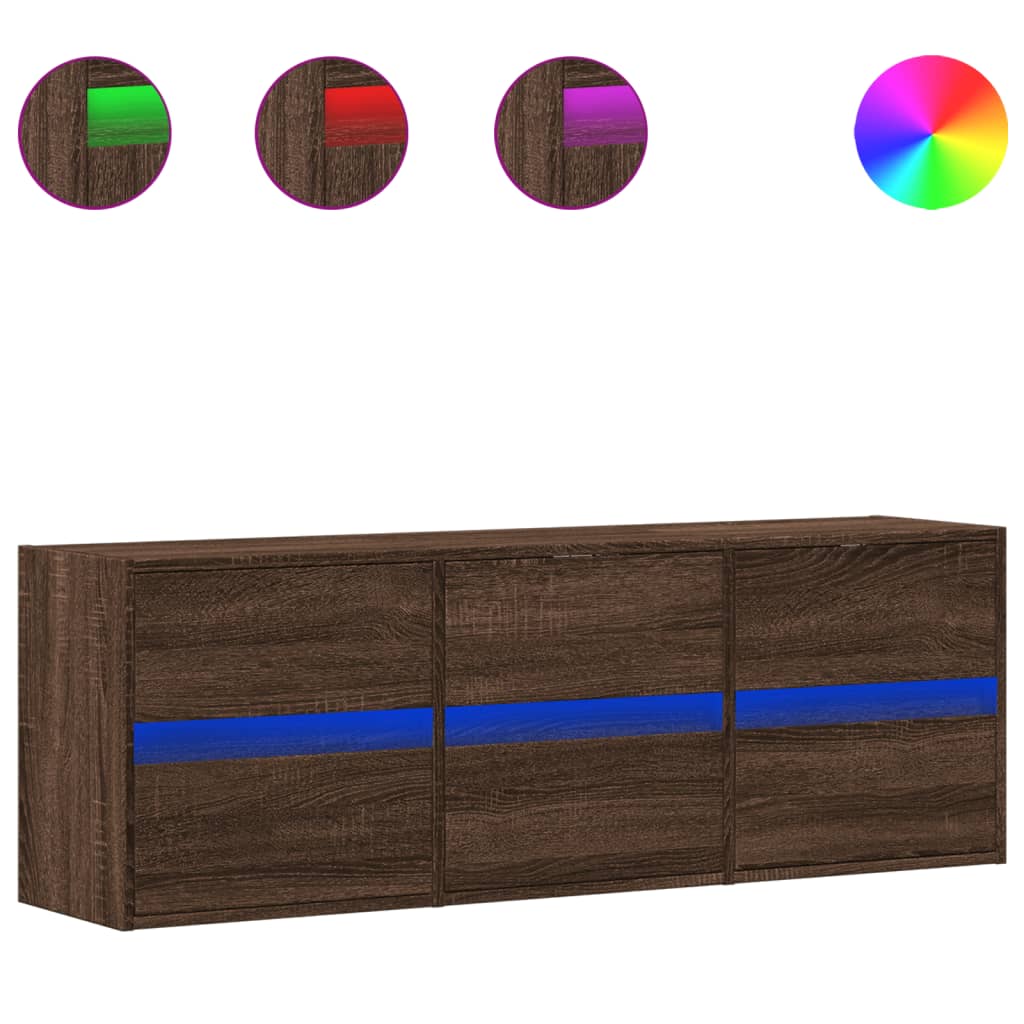 TV Wall Cabinet with LED Lights Brown Oak 130x31x45 cm