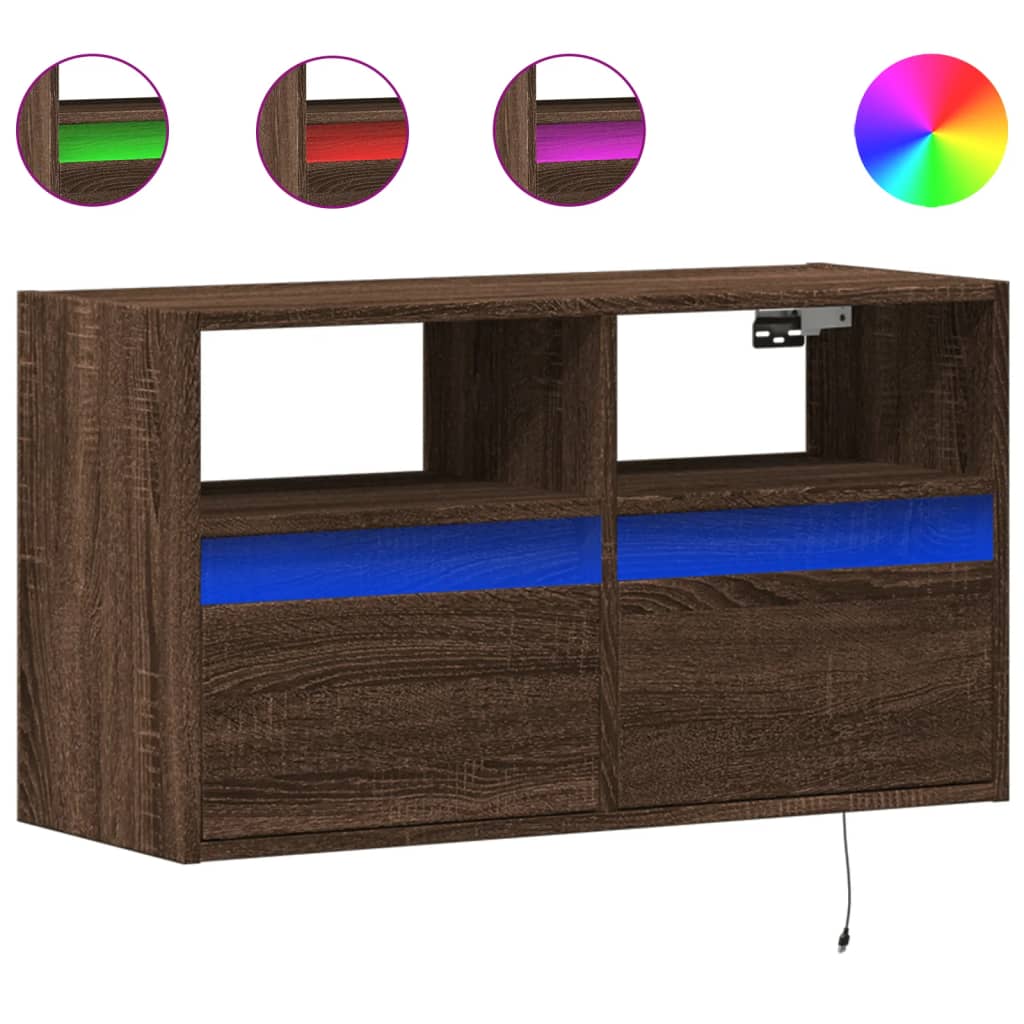 TV Wall Cabinet with LED Lights Brown Oak 80x31x45 cm