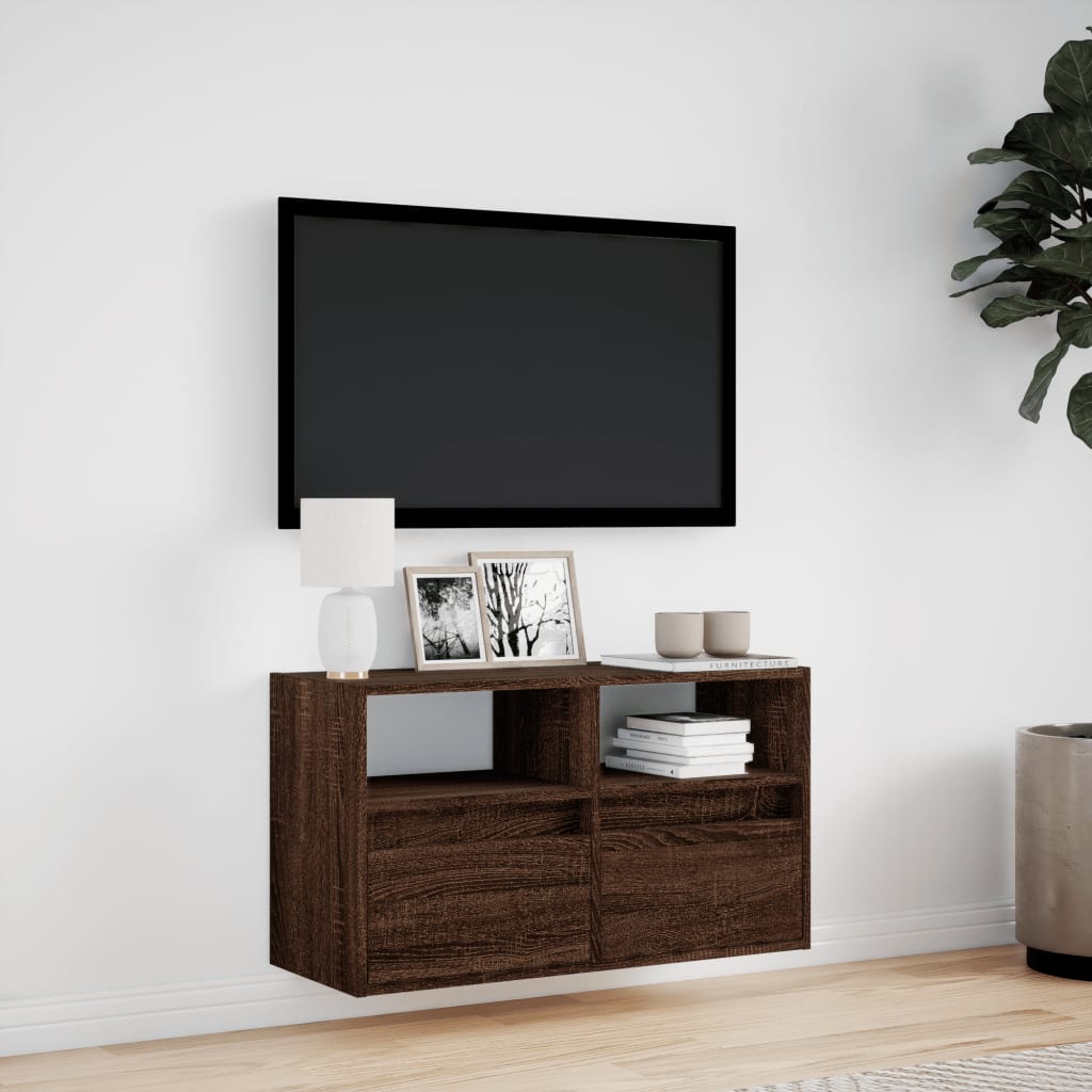 TV Wall Cabinet with LED Lights Brown Oak 80x31x45 cm
