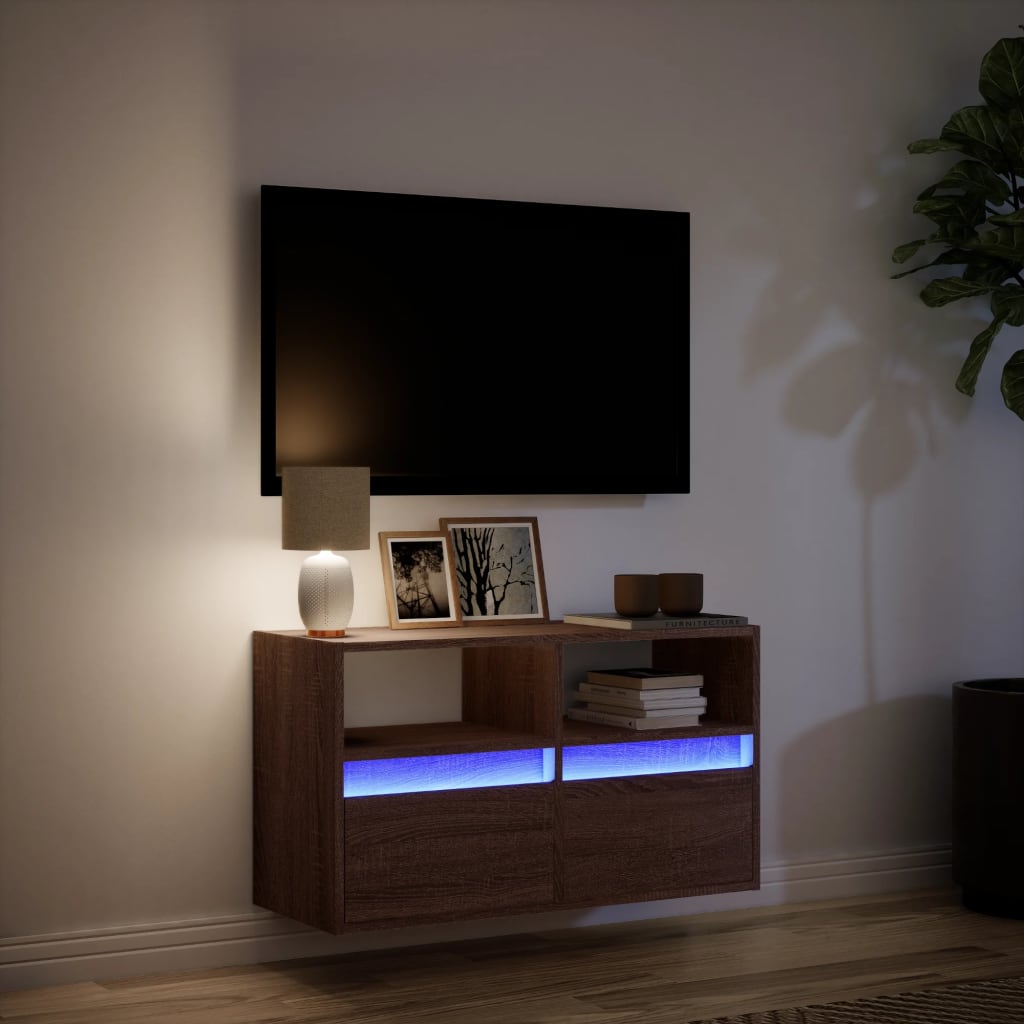 TV Wall Cabinet with LED Lights Brown Oak 80x31x45 cm