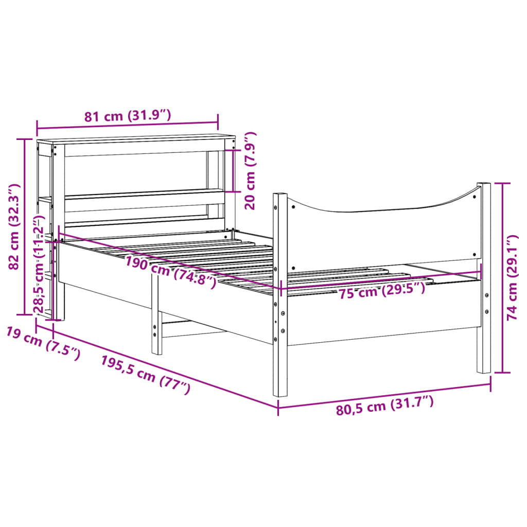 Bed Frame with Headboard Wax Brown 75x190 cm Small Single Solid Wood Pine