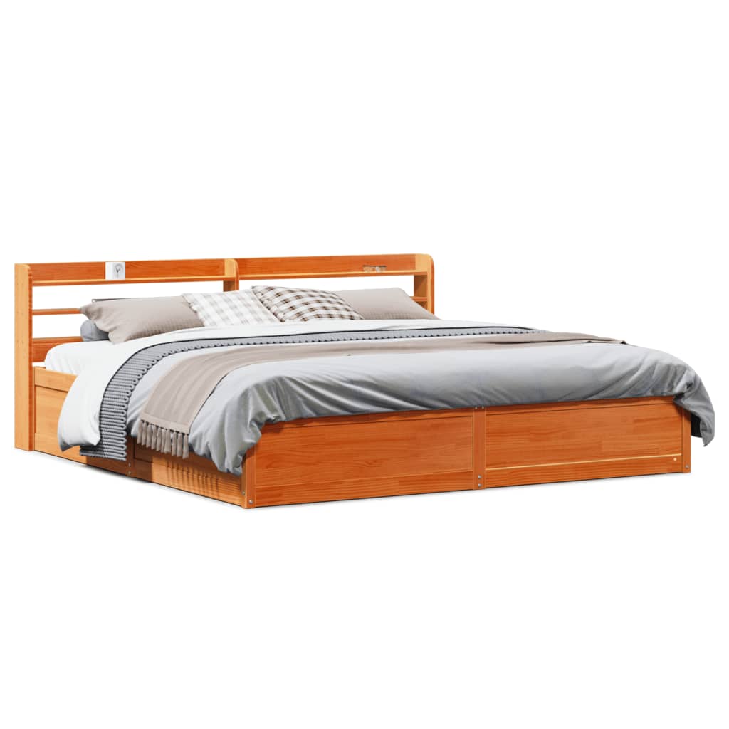 Bed Frame with Headboard Wax Brown 200x200 cm Solid Wood Pine
