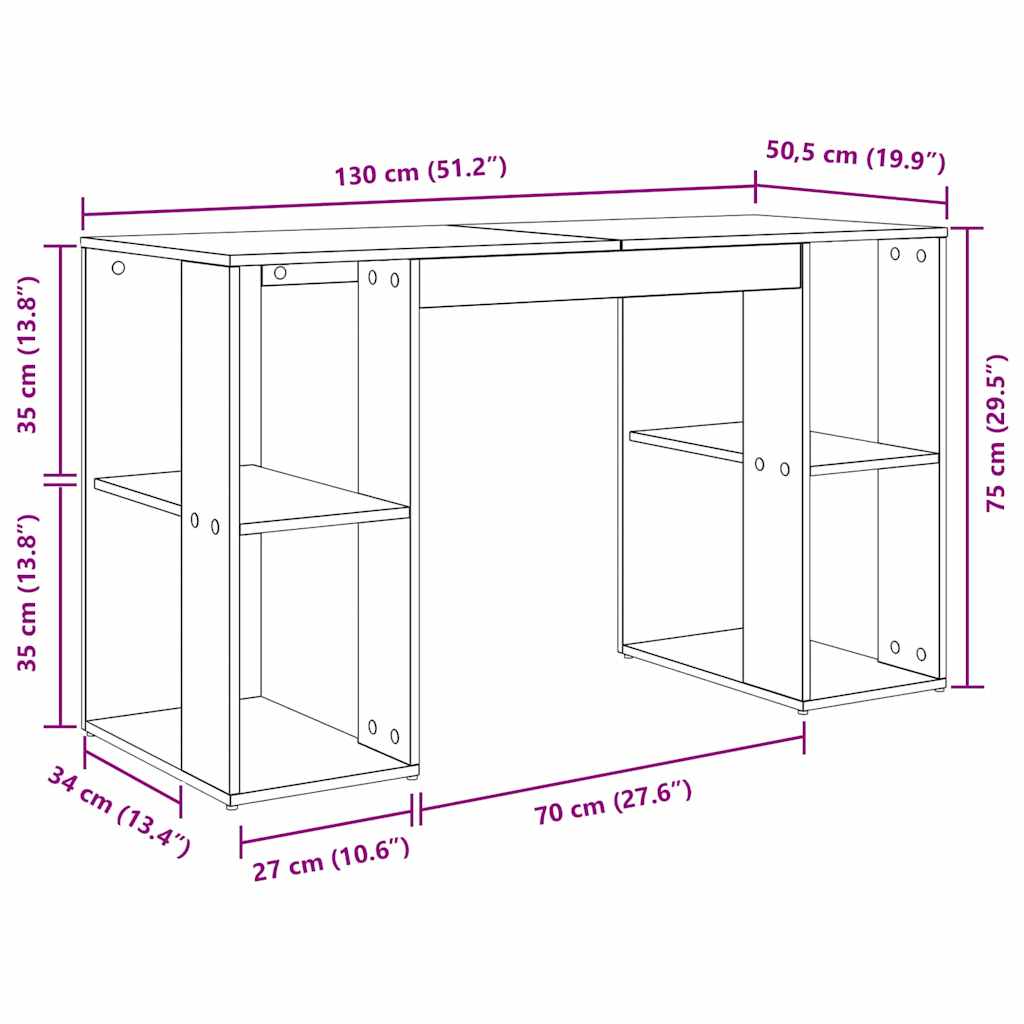 Desk with Shelf Smoked Oak 130 x 50.5 x 75 cm Engineered Wood