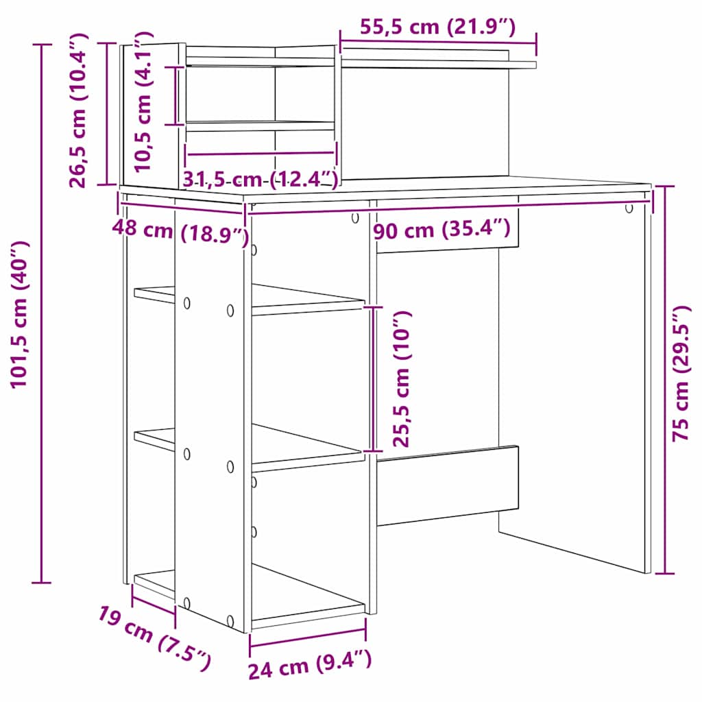 Desk with Shelf Grey Sonoma 90 x 48 x 101.5 cm Engineered Wood