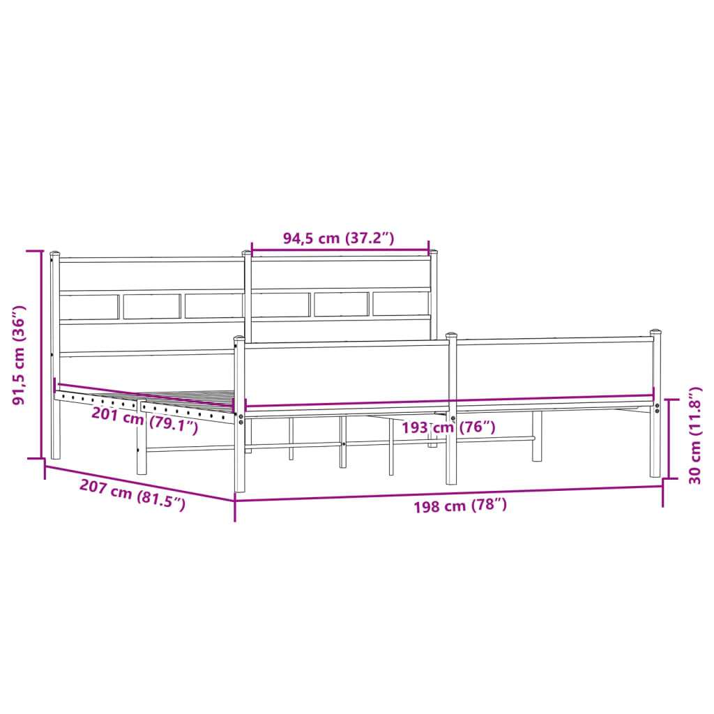 Metal Bed Frame without Mattress Sonoma Oak 193x203 cm