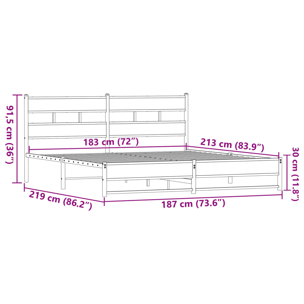 Metal Bed Frame without Mattress Brown Oak 183x213 cm