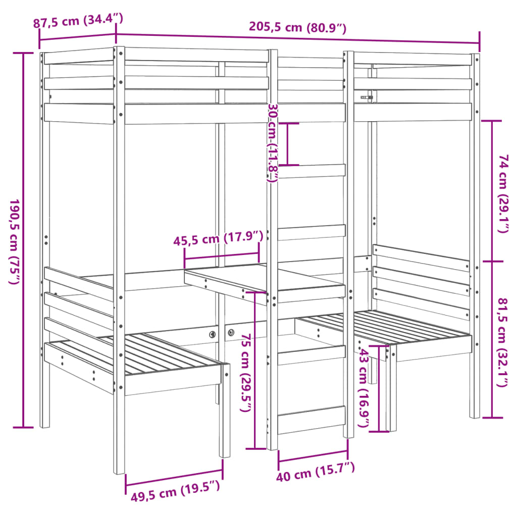 Loft Bed Frame with Desk and Chairs Wax Brown 80x200cm Solid Wood Pine