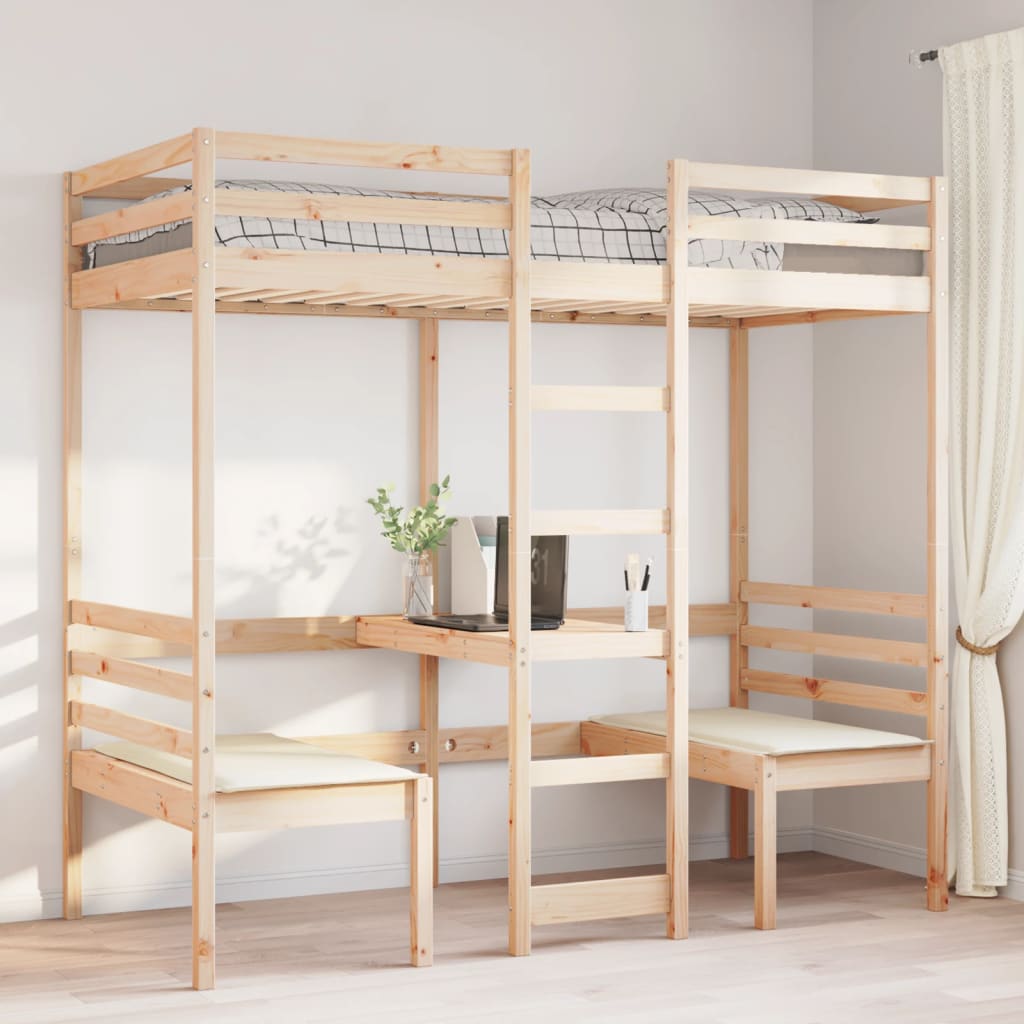 Loft Bed Frame with Desk and Chairs 90x190cm Solid Wood Pine