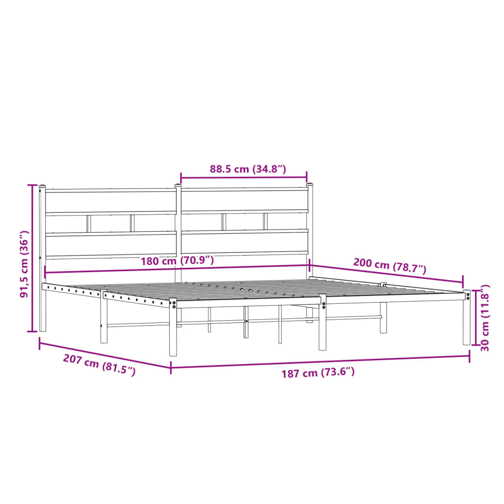 Metal Bed Frame without Mattress Sonoma Oak 180x200 cm Super King