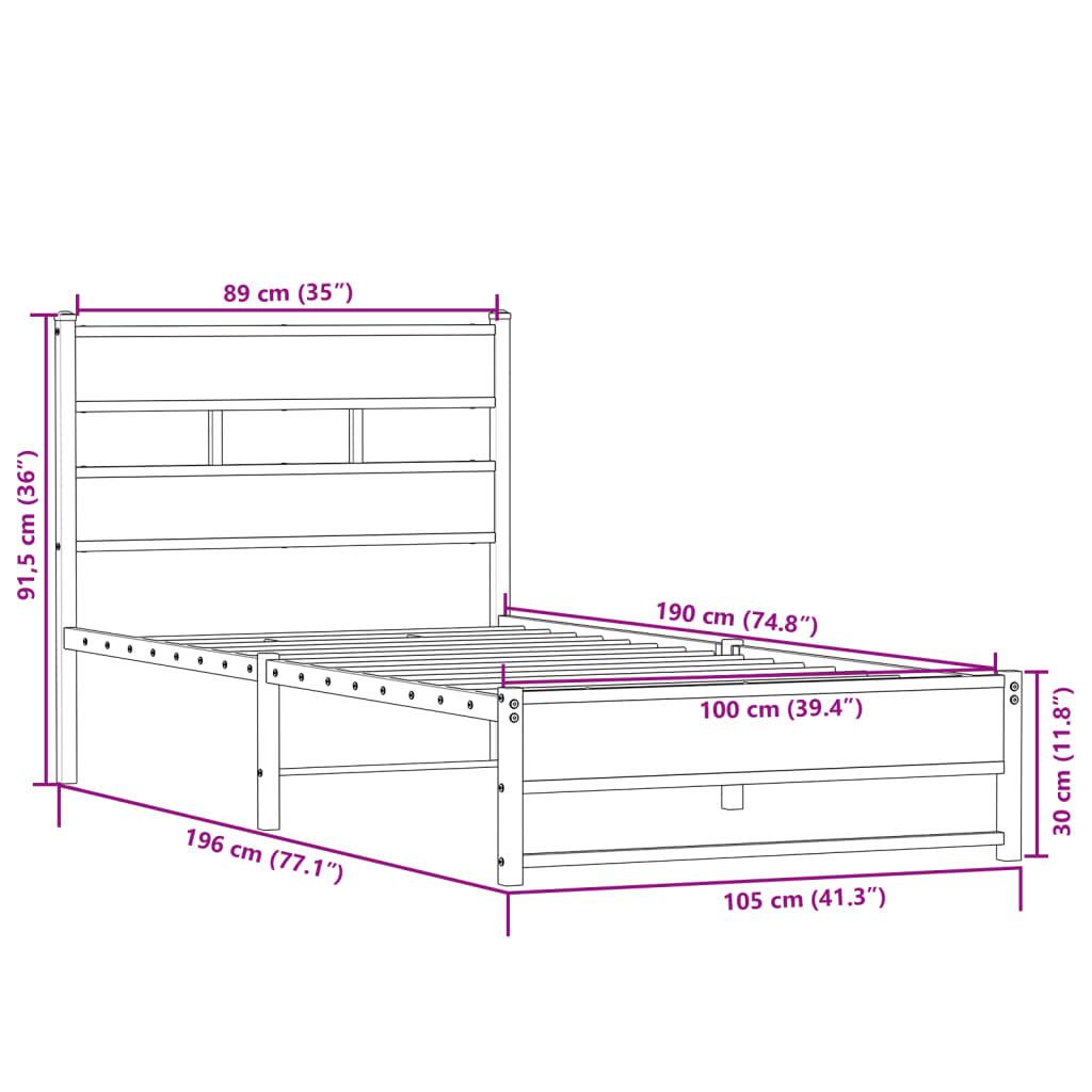 Metal Bed Frame without Mattress Sonoma Oak 100x190 cm