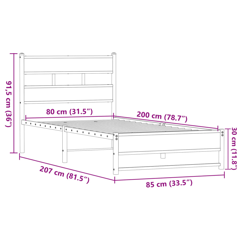 Metal Bed Frame without Mattress Brown Oak 80x200 cm