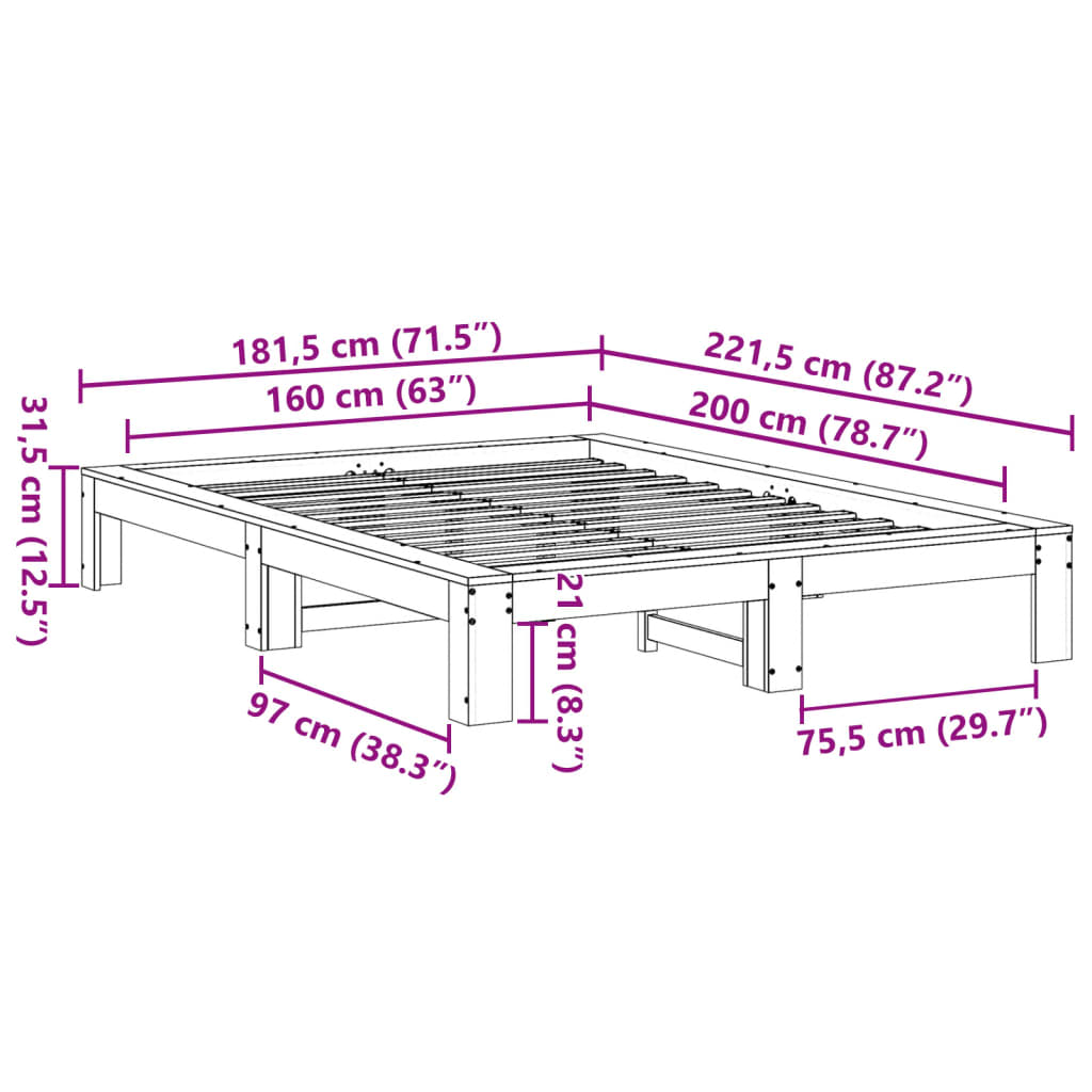 Bed Frame without Mattress 160x200 cm Solid Wood Pine