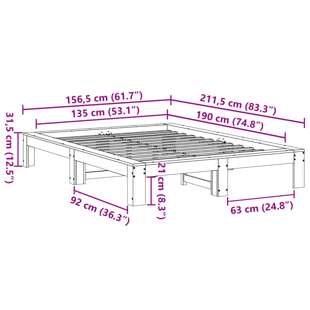 Bed Frame without Mattress Wax Brown 135x190 cm Double Solid Wood Pine