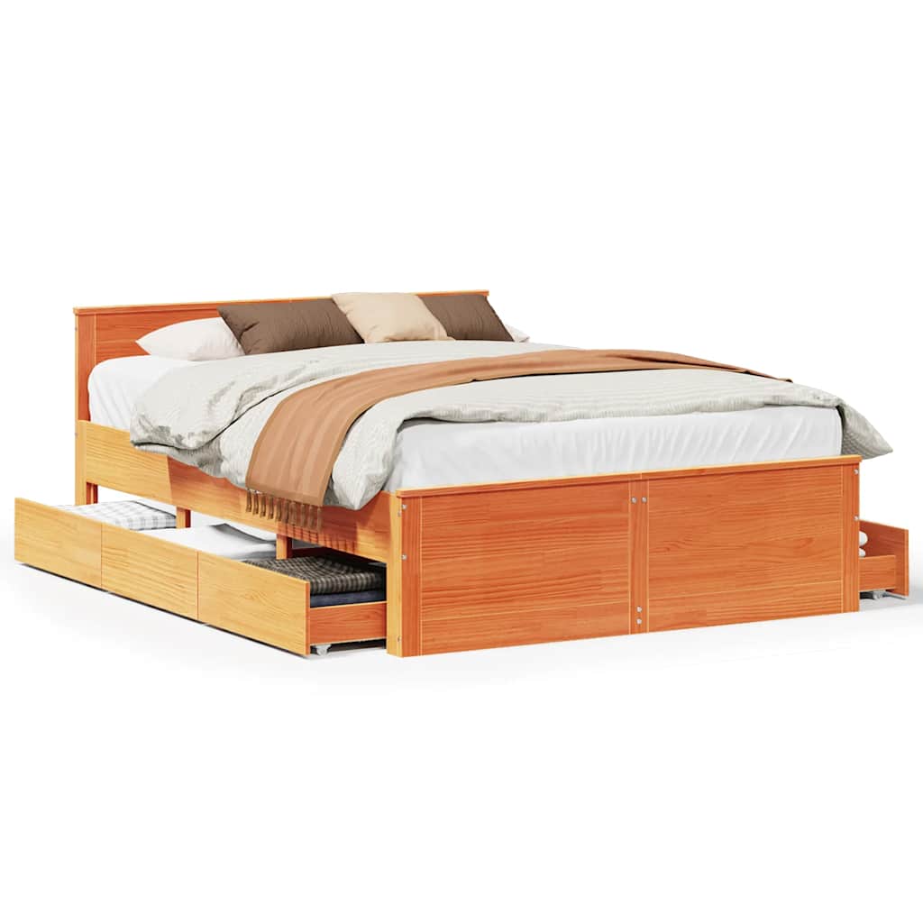 Bed Frame without Mattress with Headboard Wax Brown 140x190 cm Solid Wood Pine