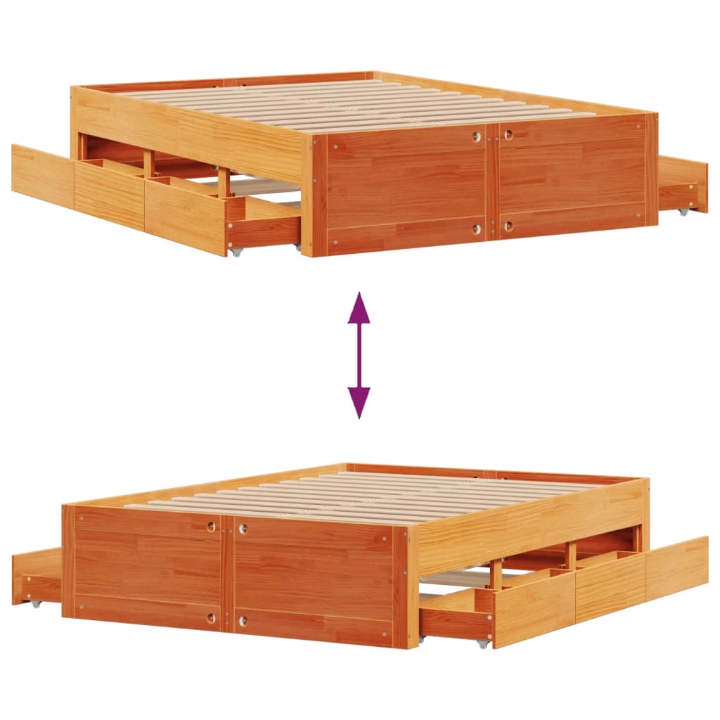 Bed Frame without Mattress with Drawers Wax Brown 160x200 cm Solid Wood Pine