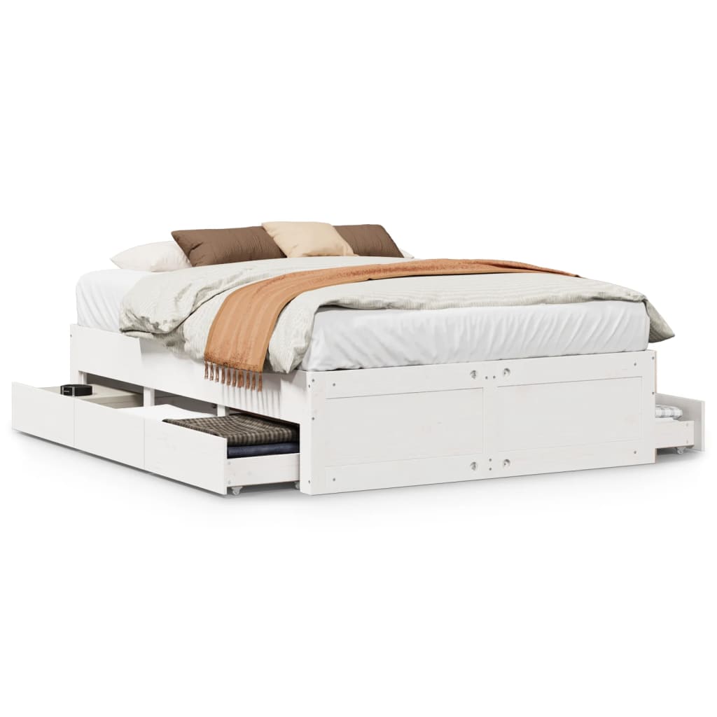 Bed Frame without Mattress with Drawers White 140x200 cm Solid Wood Pine