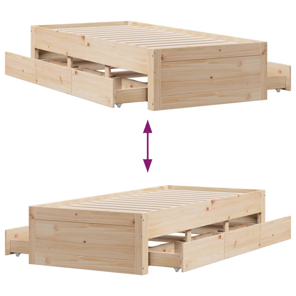 Bed Frame without Mattress with Drawers 75x190 cm Small Single Solid Wood Pine