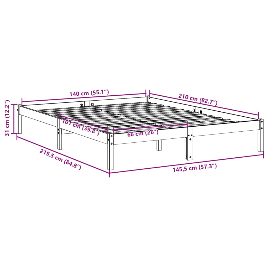 Extra Long Bed Frame without Mattress White 140x210 cm Solid Wood Pine