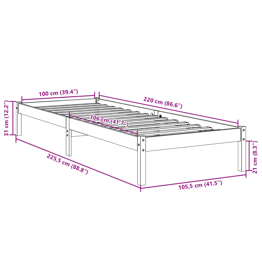 Extra Long Bed Frame without Mattress White 100x220 cm Solid Wood Pine