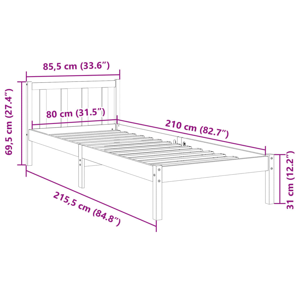 Extra Long Bed Frame without Mattress White 80x210 cm Solid Wood Pine