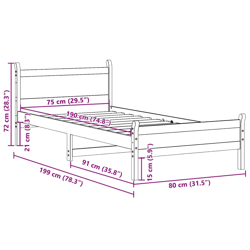 Bed Frame without Mattress Wax Brown 75x190 cm Small Single Solid Wood Pine
